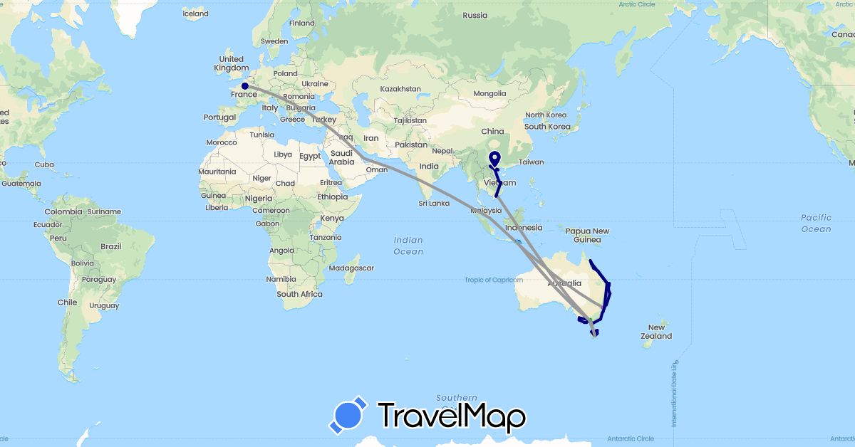 TravelMap itinerary: driving, bus, plane, train, boat in Australia, France, Indonesia, Qatar, Singapore, Vietnam (Asia, Europe, Oceania)
